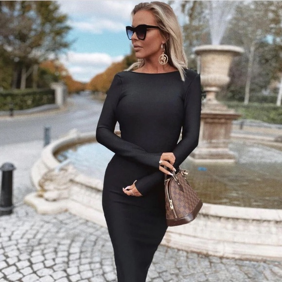 LONG SLEEVE ZIP BACK SLIT BODYCON BANDAGE MIDI DRESS - BLACK - Picture 10 of 17